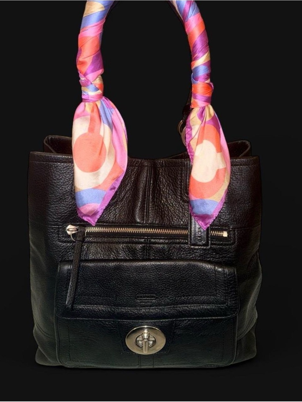 Vintage Coach Black Pebbled Leather Tote Bag + Legacy Op Art C Silk Scarf Duo